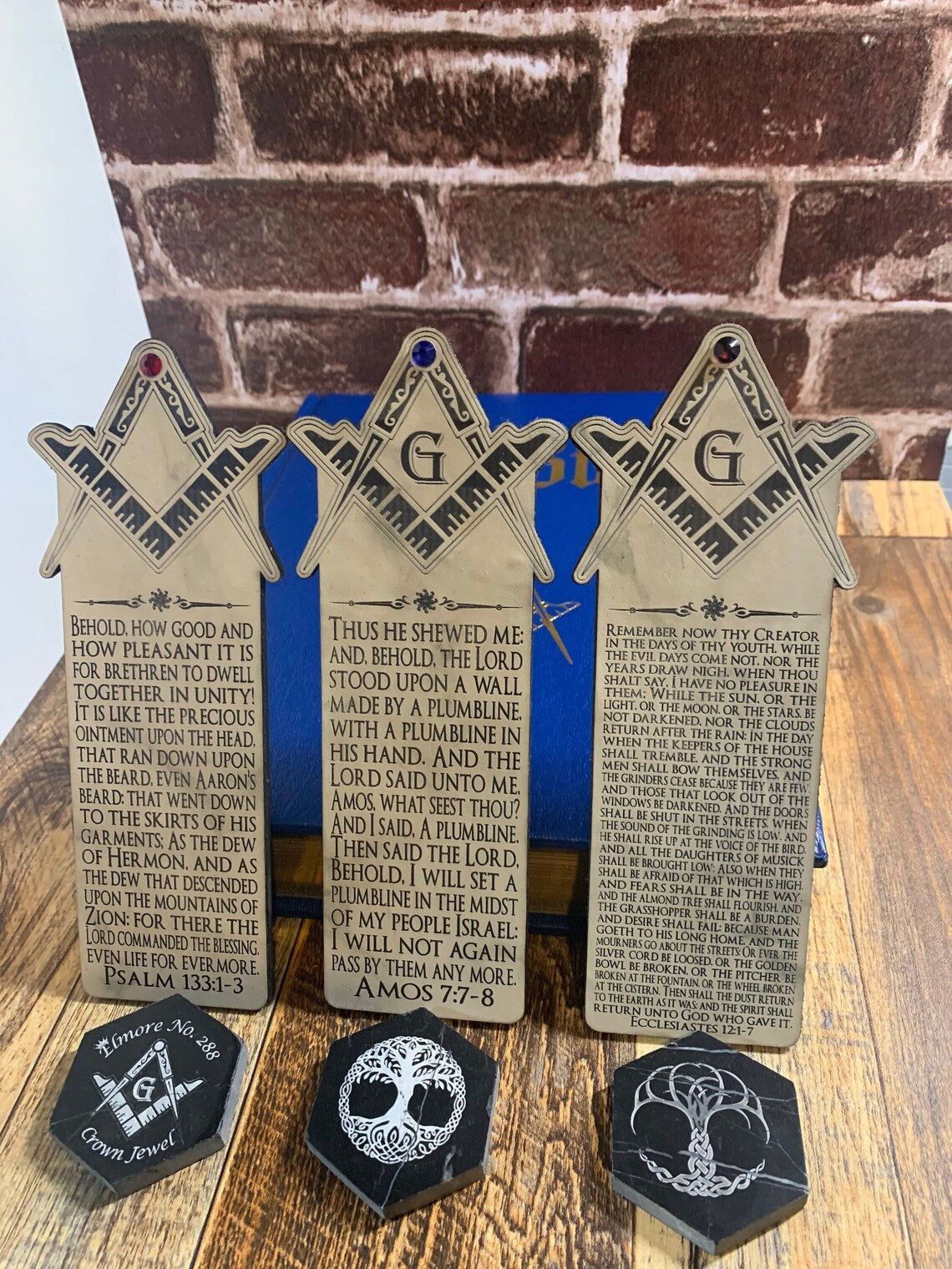 Masonic Freemasonry - Set of 3 Wood and Leather Bookmarks - Custom Personalized VOSL Bible Accessory for Men