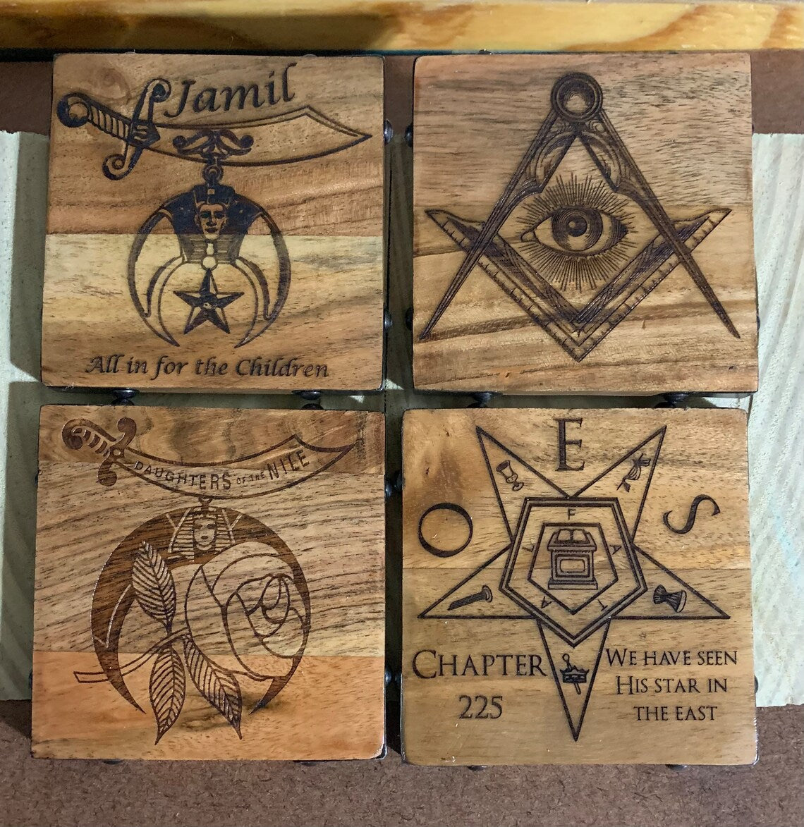 Masonic Acacia Wood Coasters - Choose Your Own Set - Personalized Engraved Freemason Gift