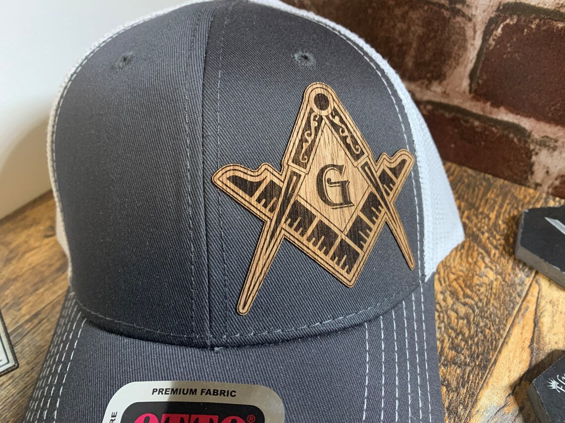 Freemasonry Freemason Personalized Wood Patch Hat for Men - Masonic Square & Compass Design