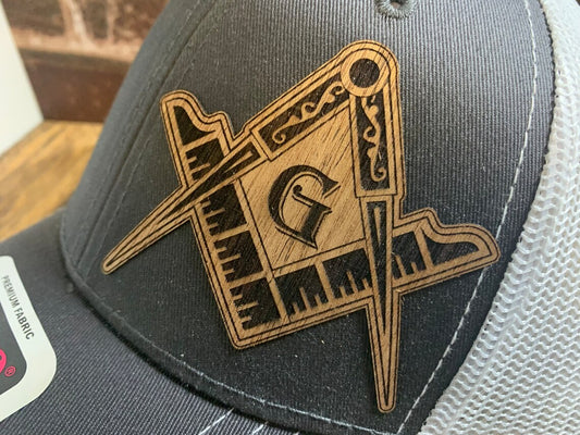 Freemasonry Freemason Personalized Wood Patch Hat for Men - Masonic Square & Compass Design