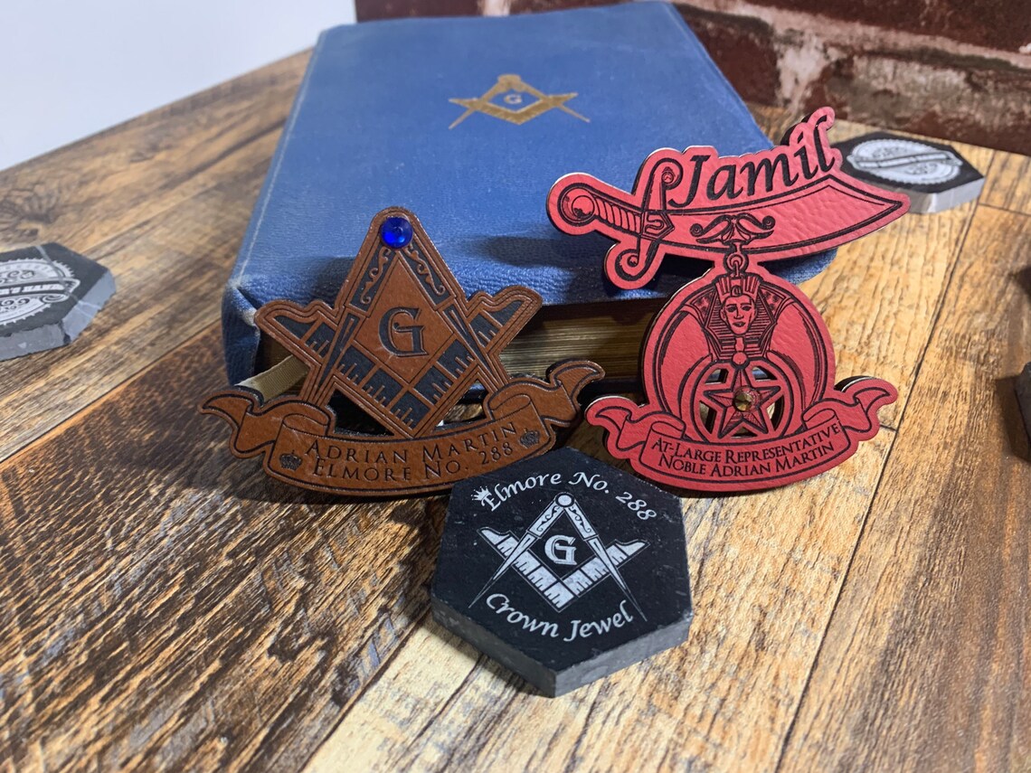 Masonic Freemasonry - Small Wood and Leather Name Tags - Custom Personalized Accessory for Men